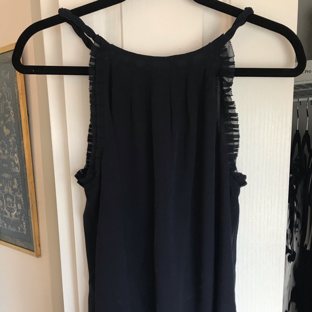 Navy blue silk sleeveless blouse, XS braid detail